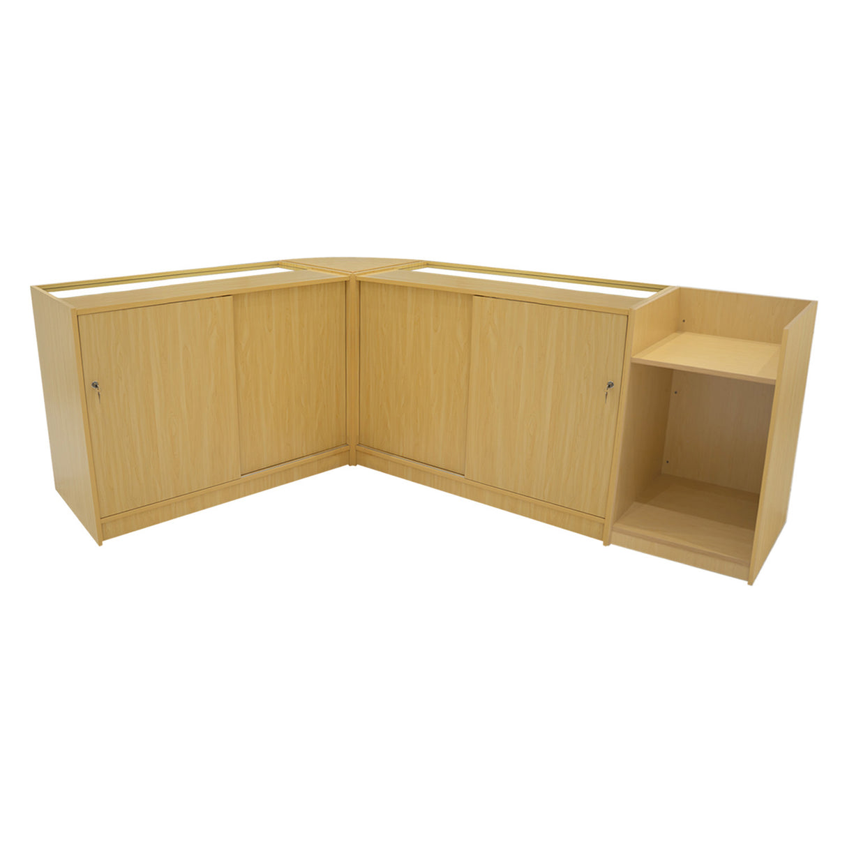 Set banconi angolari in legno d'acero, finitura chiara, con ante chiuse e ripiani aperti, ideale per spazi commerciali e esposizioni