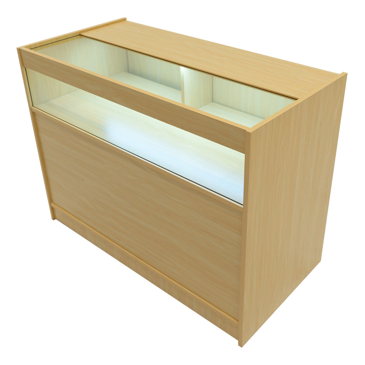 Bancone Gravity LED in legno d'acero, con superficie liscia e illuminazione interna, design moderno e funzionale per esposizione prodotti