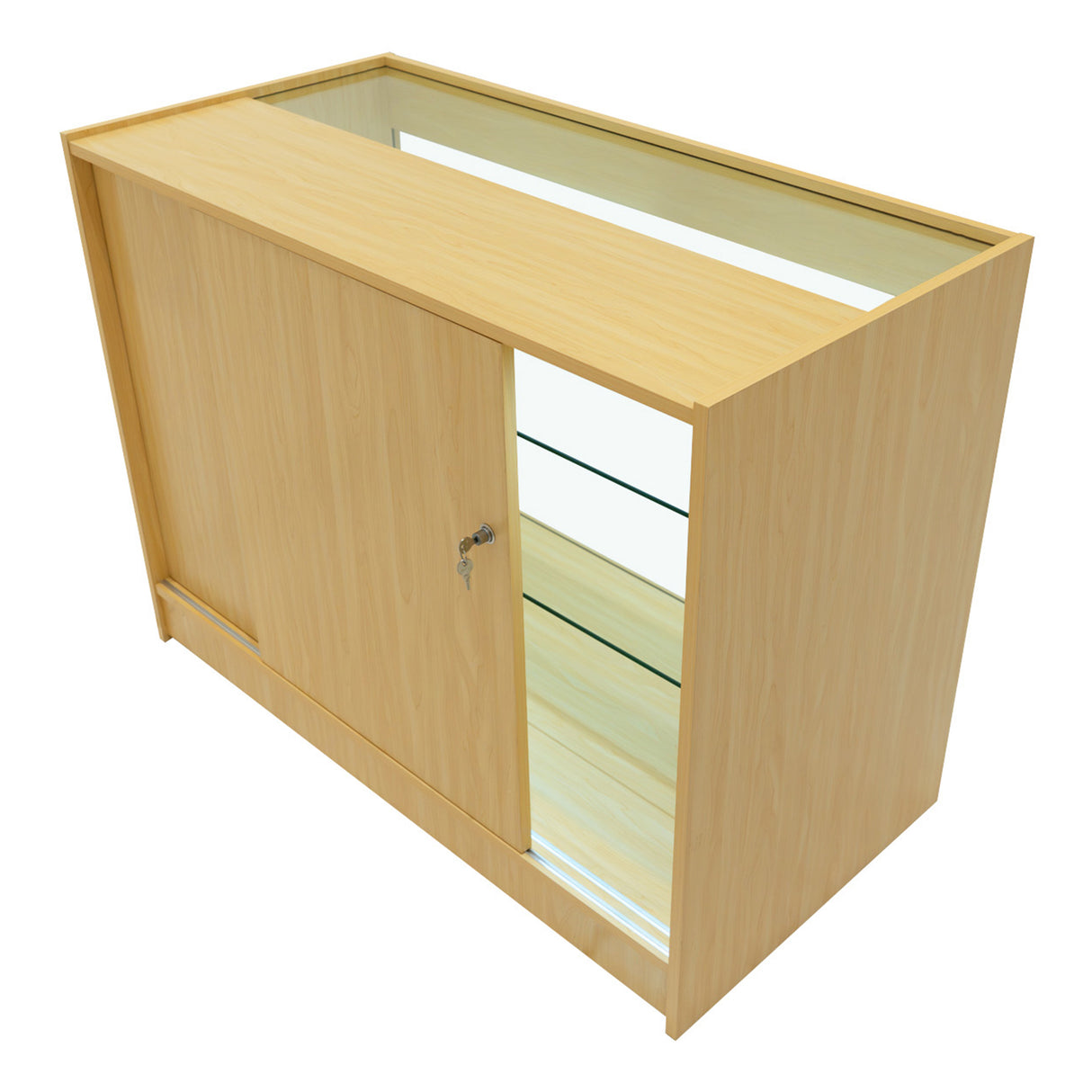 Bancone negozio in legno d'acero chiaro con ante scorrevoli, ripiani in vetro e illuminazione LED integrata per esposizione ottimale