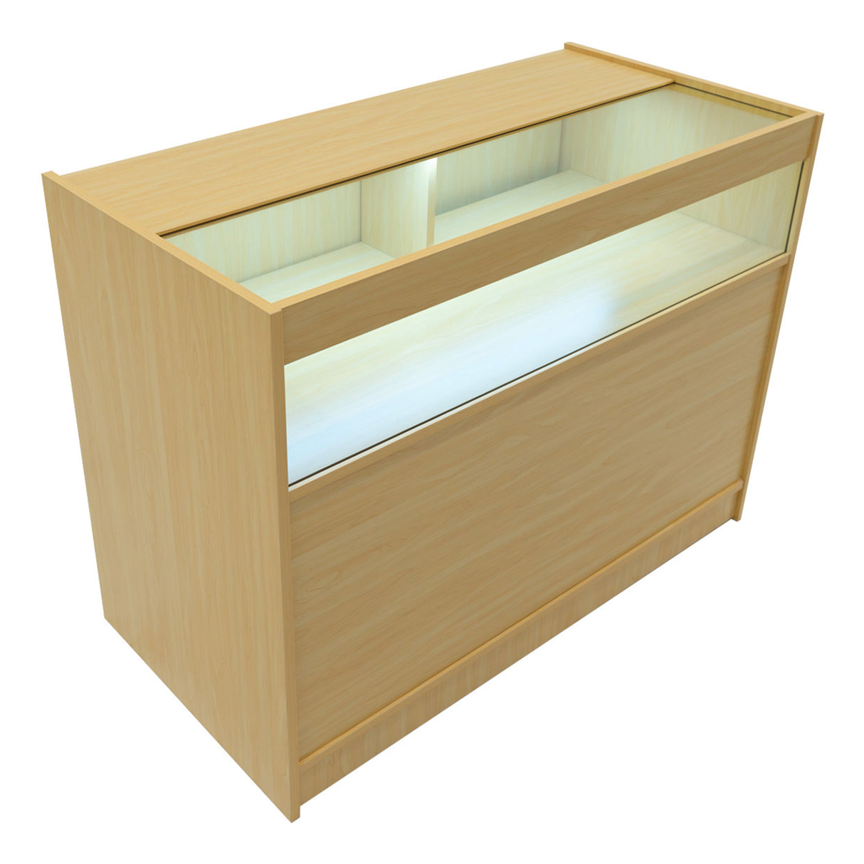 Bancone negozio in legno d'acero chiaro con illuminazione LED, design moderno e superficie liscia, ideale per esposizione prodotti