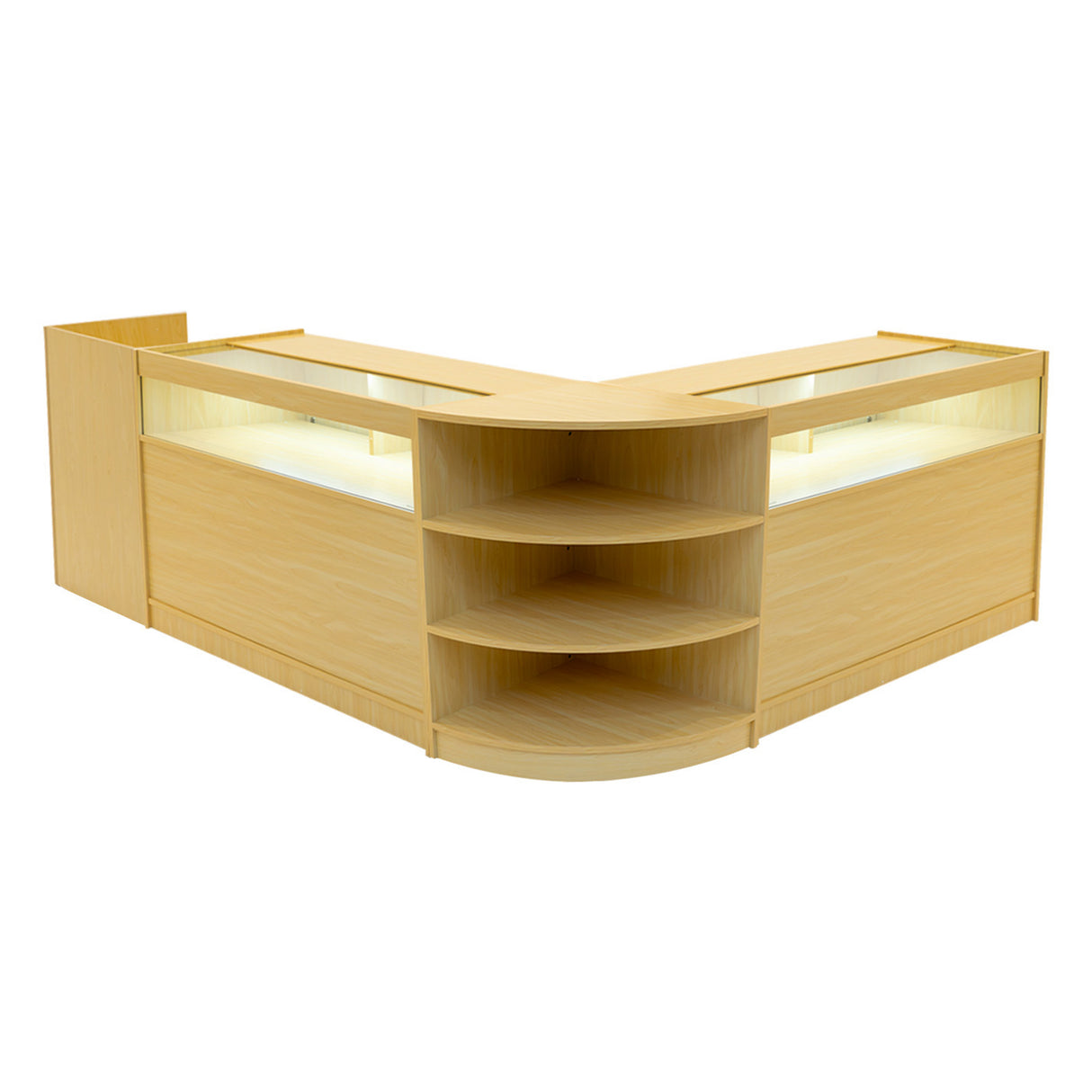 Set banconi angolari in legno d'acero chiaro con illuminazione LED, ripiani curvi e linee moderne, ideale per esposizione prodotti