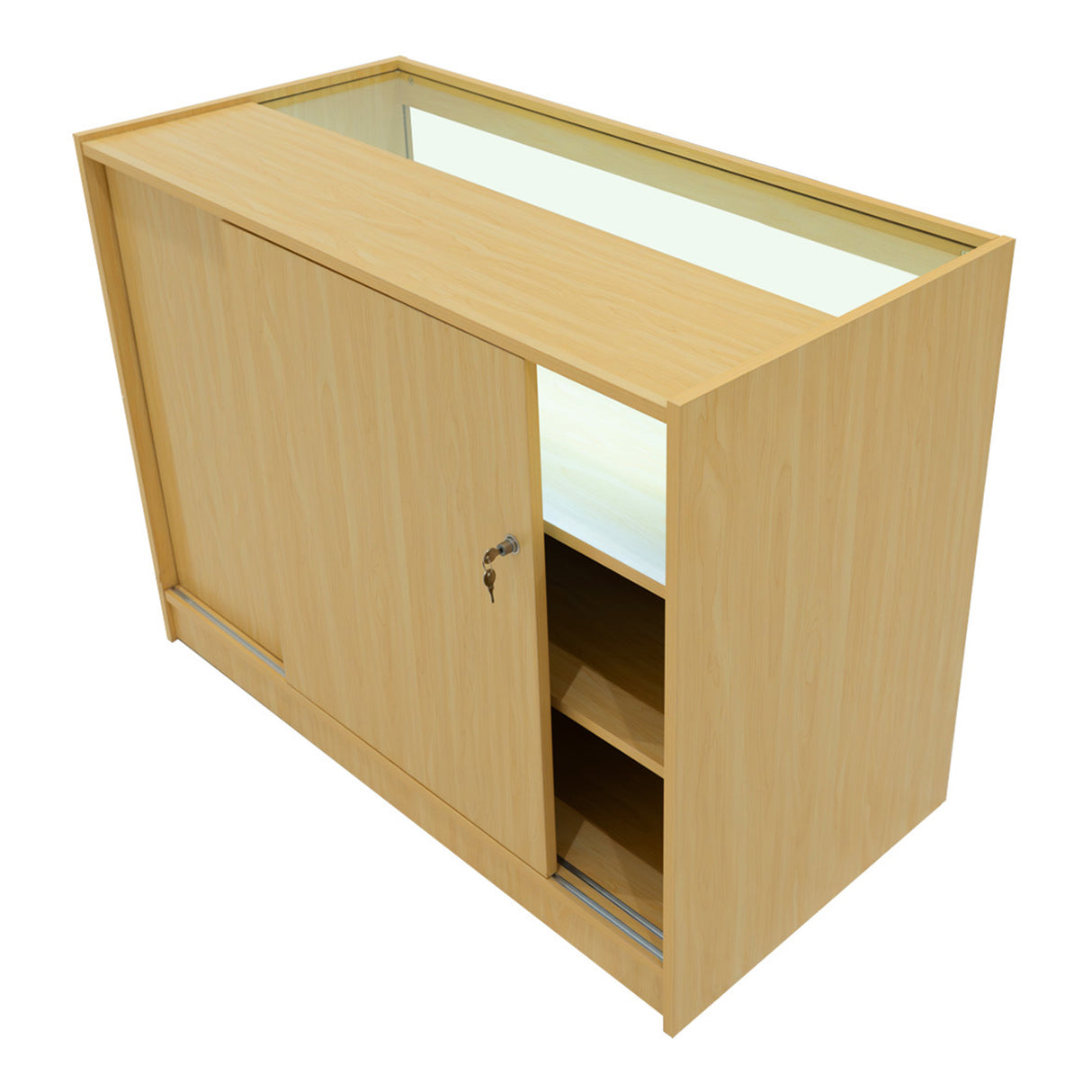 Set banconi in legno d'acero con illuminazione LED, ante scorrevoli, ripiani interni e finitura liscia e naturale, ideale per esposizione