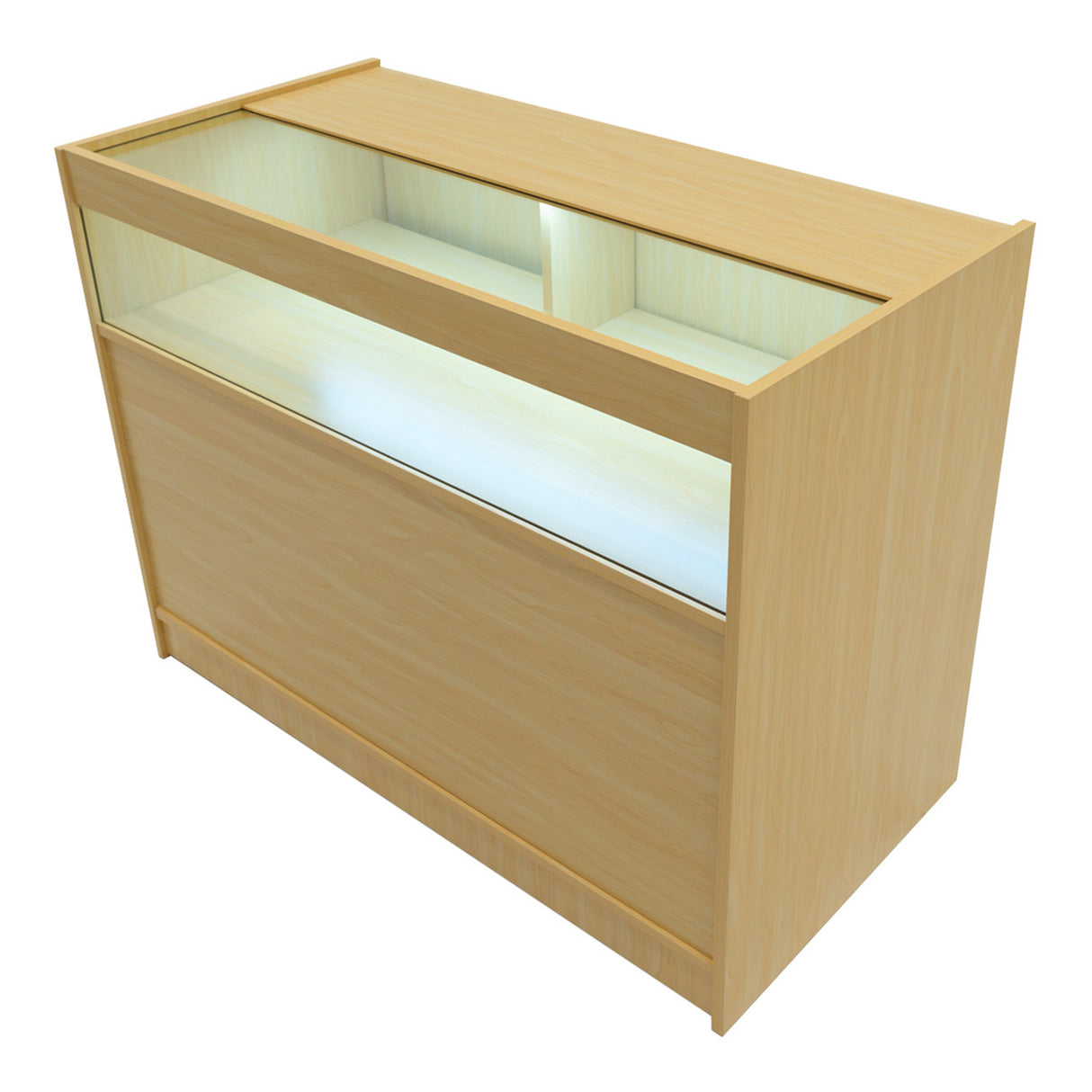 Set banconi LED in acero chiaro, con superficie liscia e illuminazione interna, design moderno e funzionale per esposizione prodotti