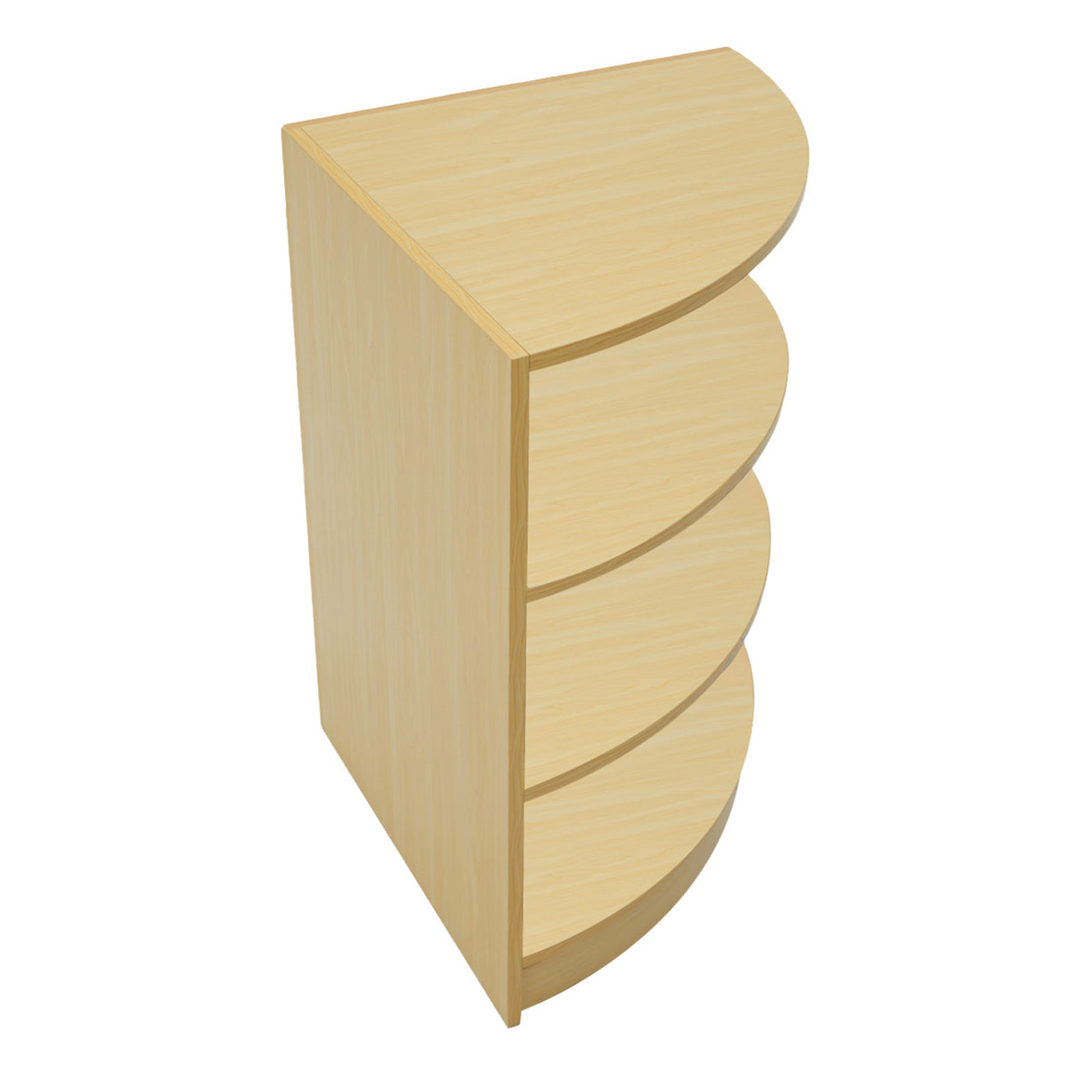 Set di banconi LED in legno d'acero, design moderno con quattro ripiani curvi, finitura chiara e texture liscia, ideale per esposizione