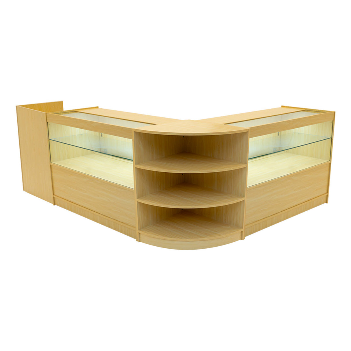 Set banconi in legno d'acero con illuminazione LED, design angolare, ripiani trasparenti e texture liscia, ideale per esposizione prodotti