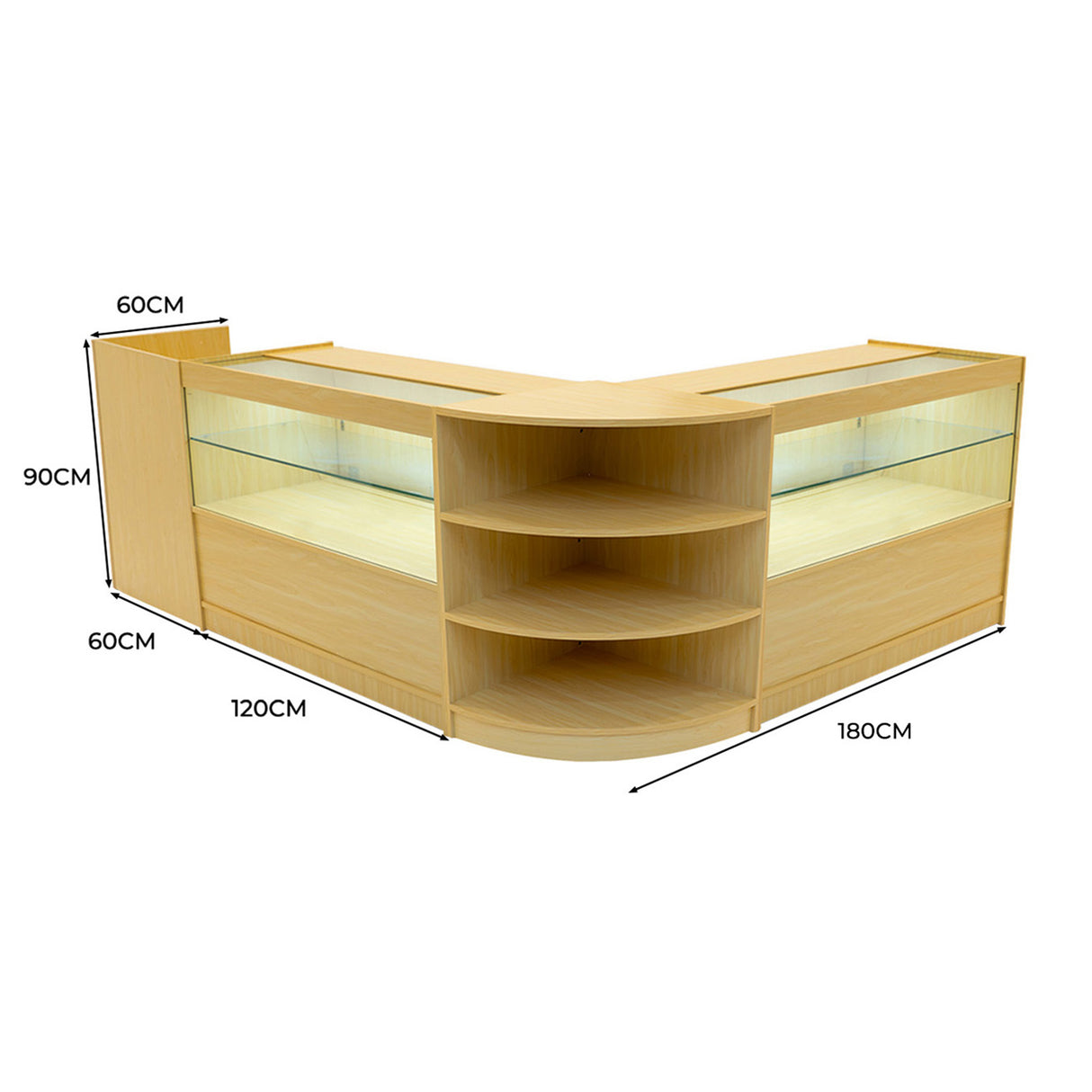 Set banconi angolari in legno d'acero con illuminazione LED, dimensioni 180x120x90 cm, superfici lisce e ripiani aperti per esposizione