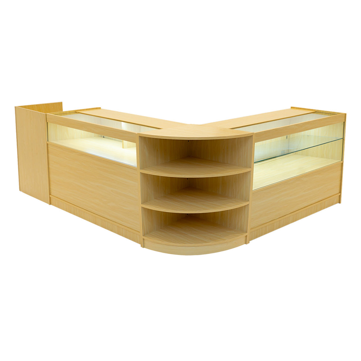 Set banconi in legno d'acero con illuminazione LED, design angolare, ripiani aperti e vetrine per esposizione elegante e moderna