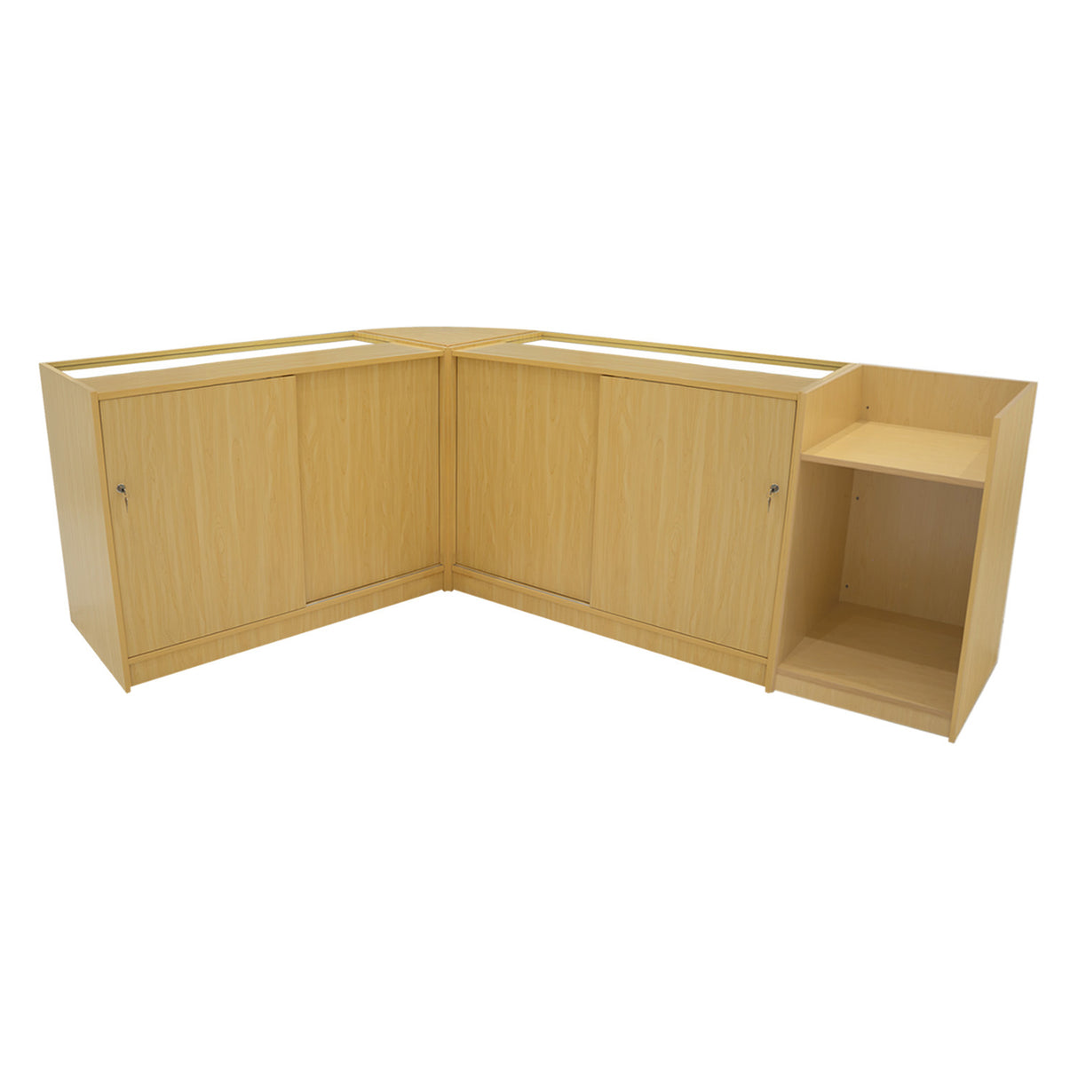 Set banconi angolari in legno d'acero chiaro con illuminazione LED, finitura liscia e ante a battente, design moderno e funzionale