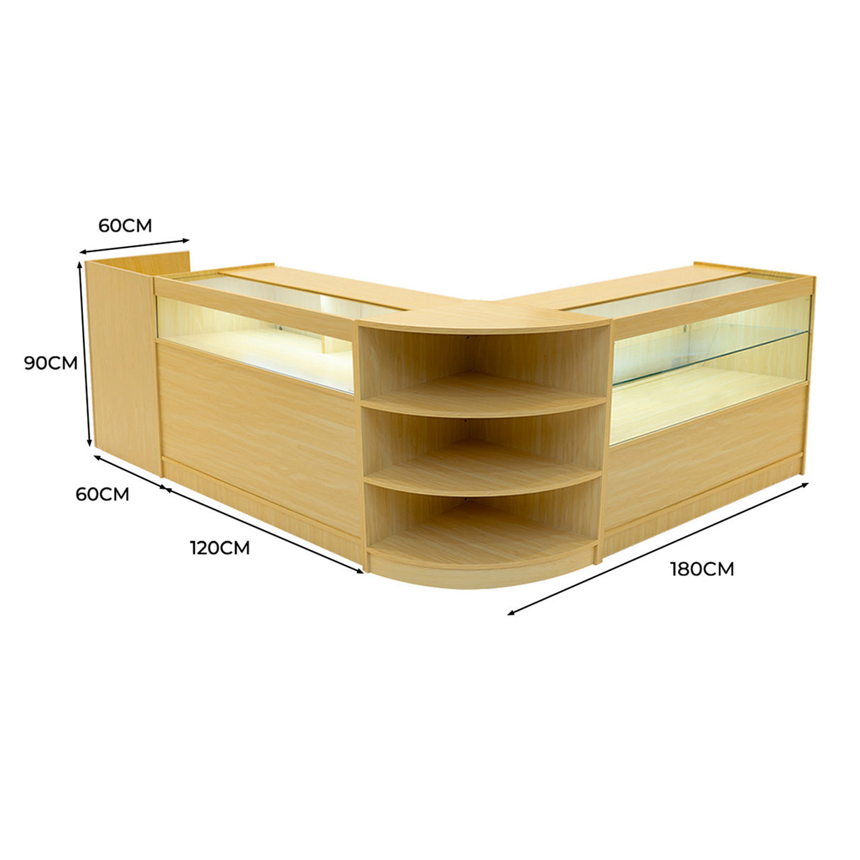 Set banconi in legno d'acero con illuminazione LED, design angolare, misure 180x120x90 cm, con ripiani e vetro trasparente