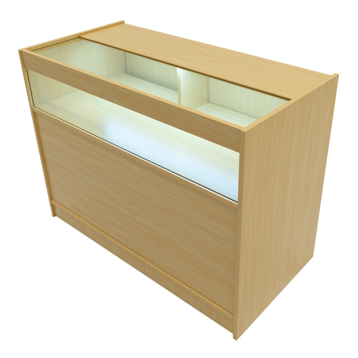 Bancone in legno d'acero chiaro con illuminazione LED, design moderno e linee pulite, ideale per esposizione e vendita