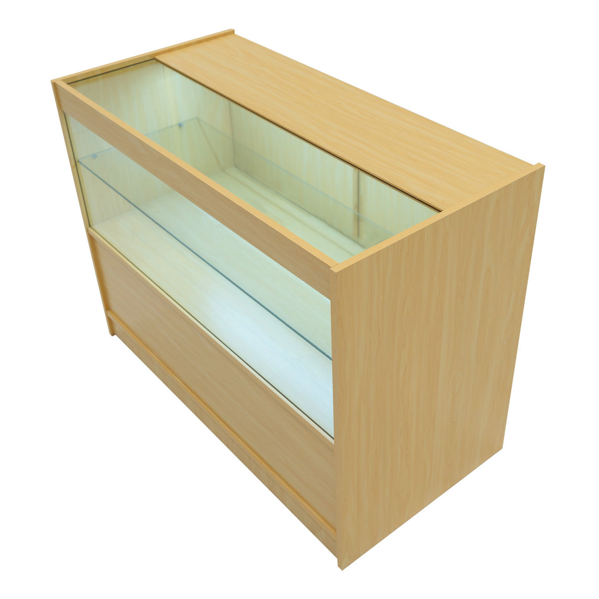 Bancone in legno d'acero con illuminazione LED, superficie liscia e trasparente, design moderno e funzionale per esposizione prodotti