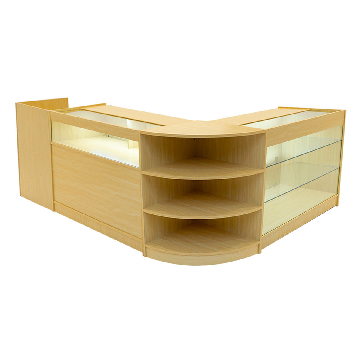 Set banconi in legno d'acero con illuminazione LED, design moderno, angolare, ripiani in vetro e finitura liscia e naturale