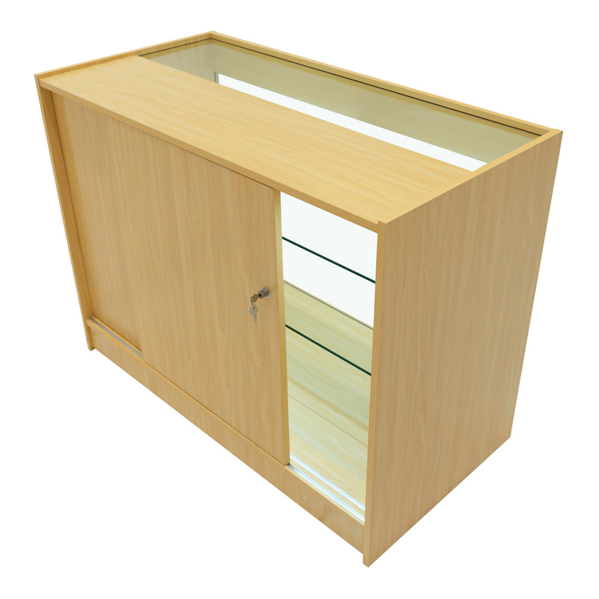Set banconi in legno d'acero con illuminazione LED, design moderno, ante scorrevoli e ripiani in vetro trasparente per esposizione elegante