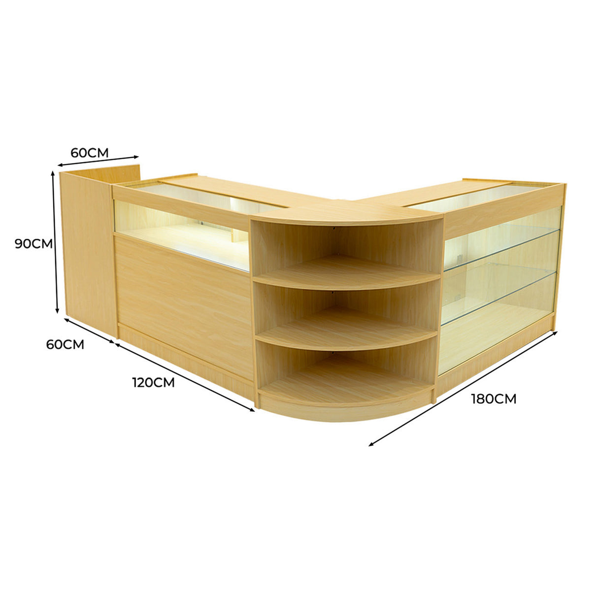 Set banconi in legno d'acero con illuminazione LED, design angolare, ripiani trasparenti e misure di 180x120x90 cm, elegante e funzionale
