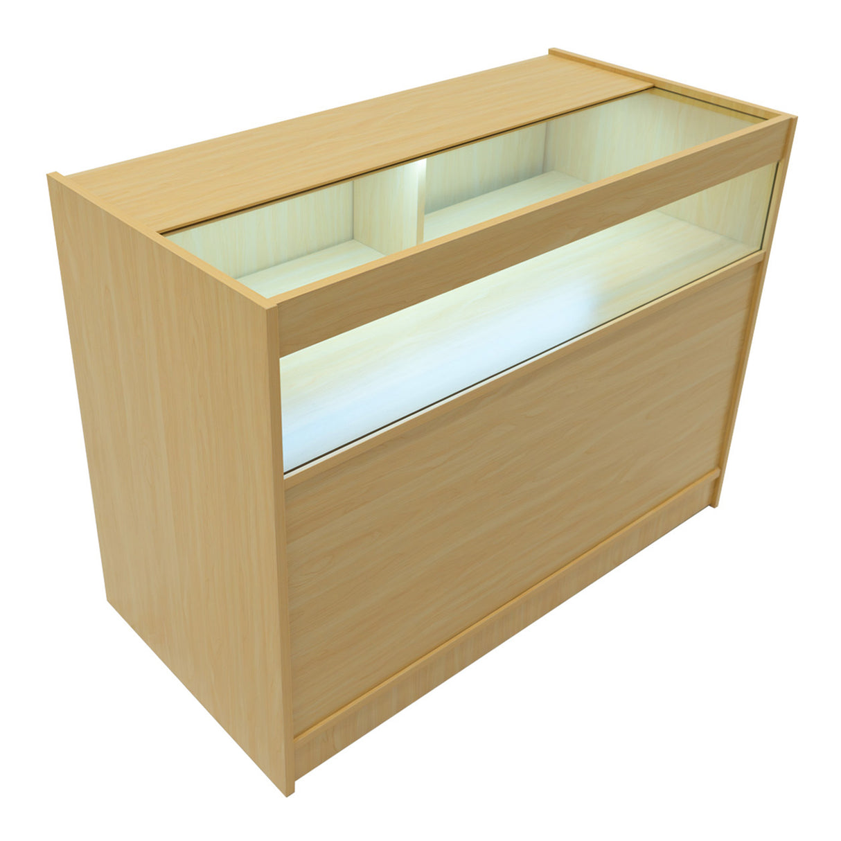 Set banconi in legno d'acero con illuminazione LED, superficie liscia e finitura chiara, design moderno e funzionale per esposizione