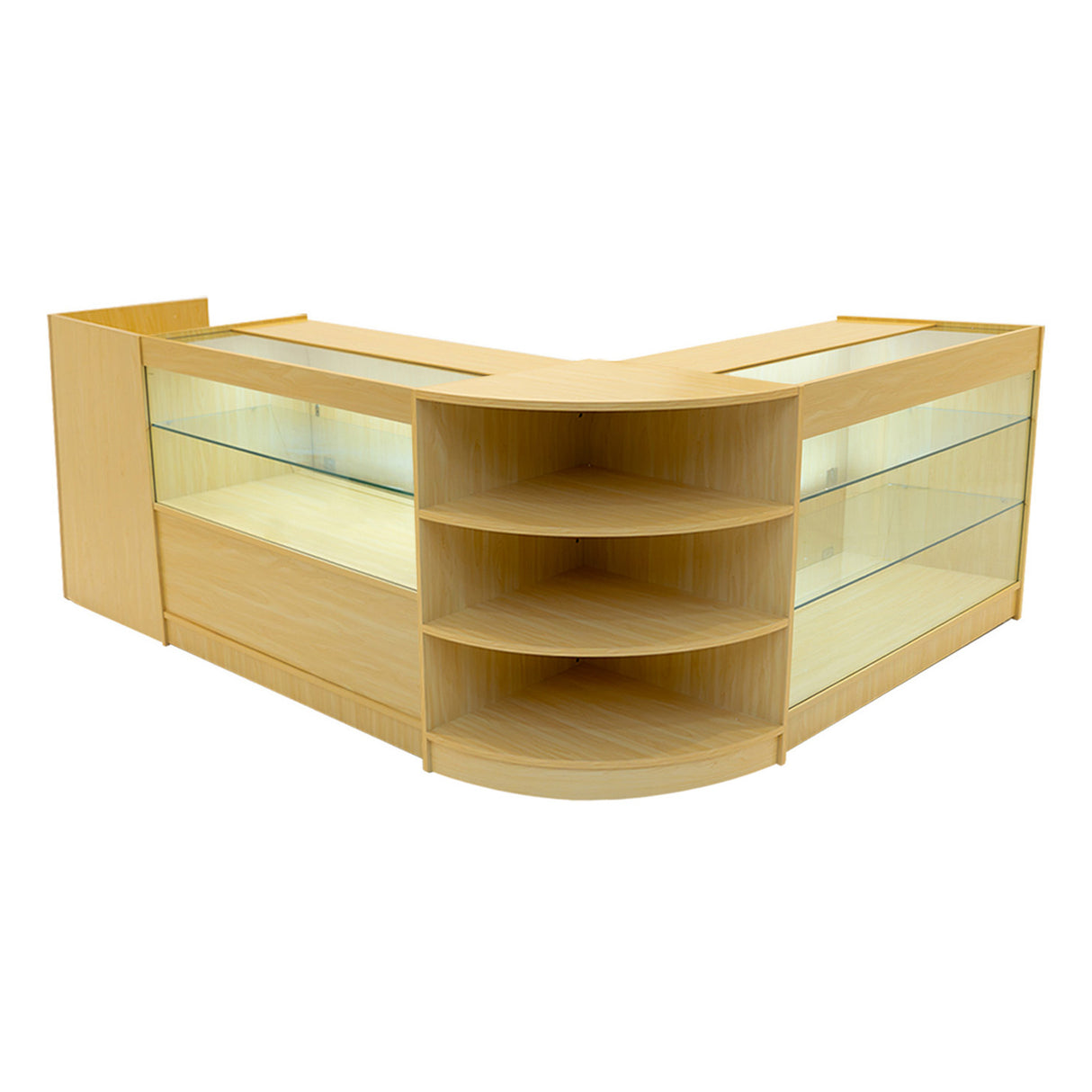 Set banconi Theia in acero chiaro con illuminazione LED, design angolare, ripiani in vetro e finitura liscia, ideale per esposizione
