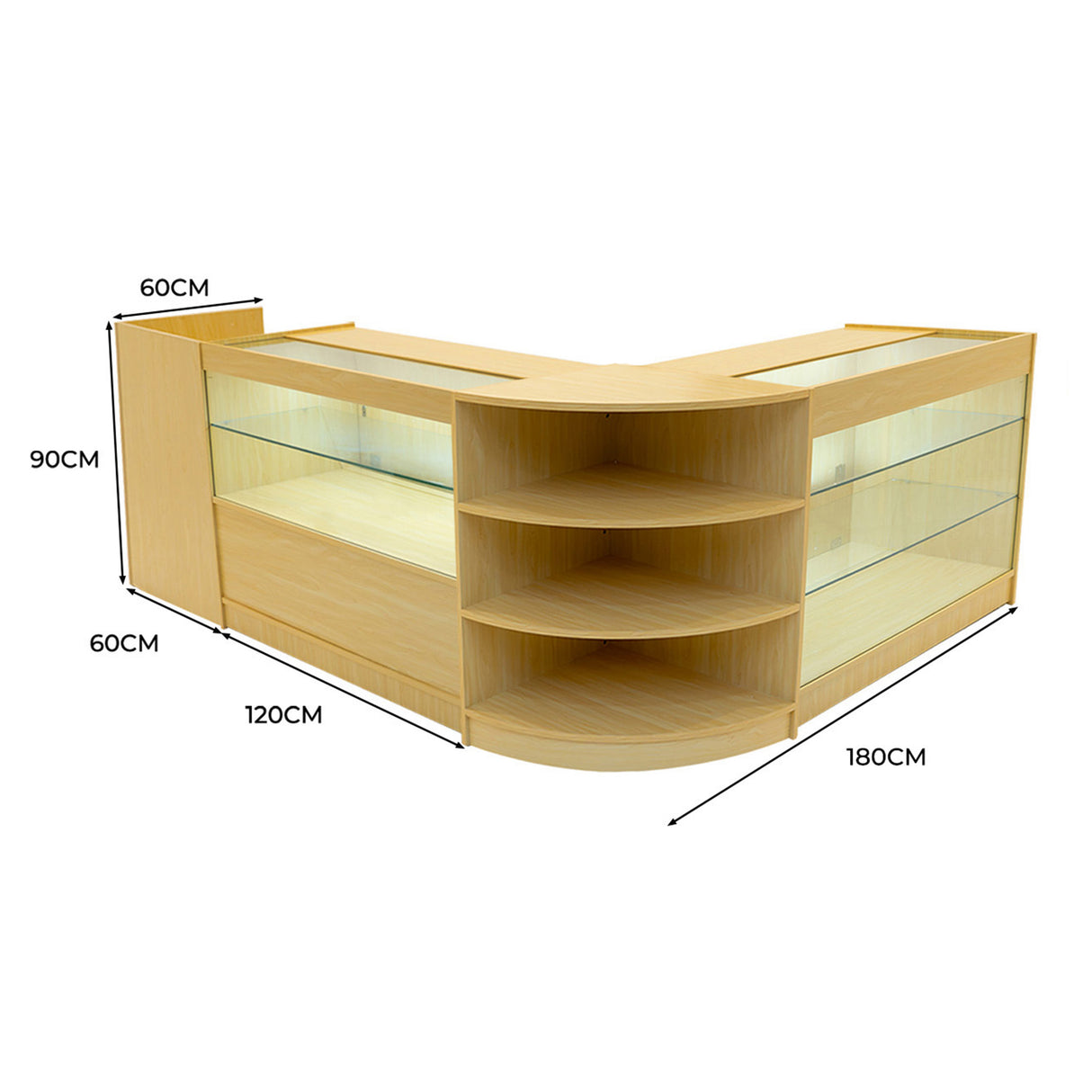 Set banconi Theia in legno d'acero chiaro, con ripiani in vetro, design angolare, dimensioni 180x120x90 cm, elegante e funzionale