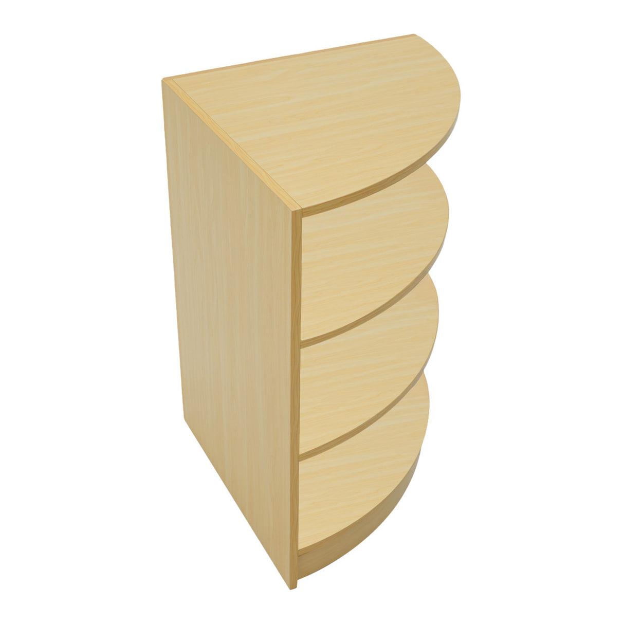 Bancone Theia in legno d'acero chiaro, design curvo con quattro ripiani, superficie liscia e finitura elegante per ambienti moderni