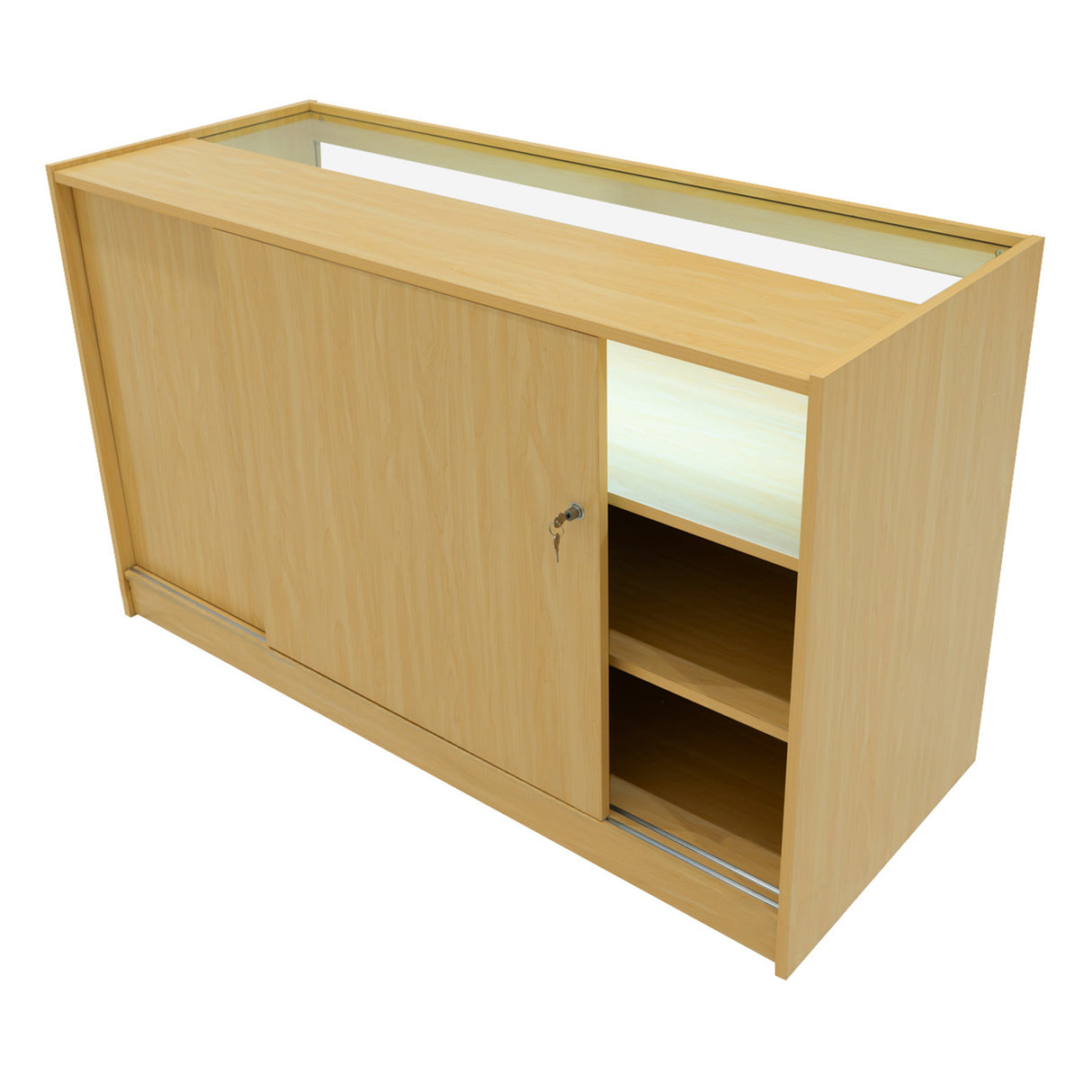 Set banconi Iris in legno d'acero chiaro con LED, ante scorrevoli e ripiani aperti, design moderno e funzionale per esposizione