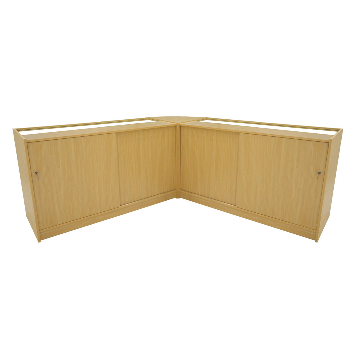 Set di banconi Iris in legno d'acero con finitura chiara, dotati di illuminazione LED, angolo CM60, design moderno e funzionale