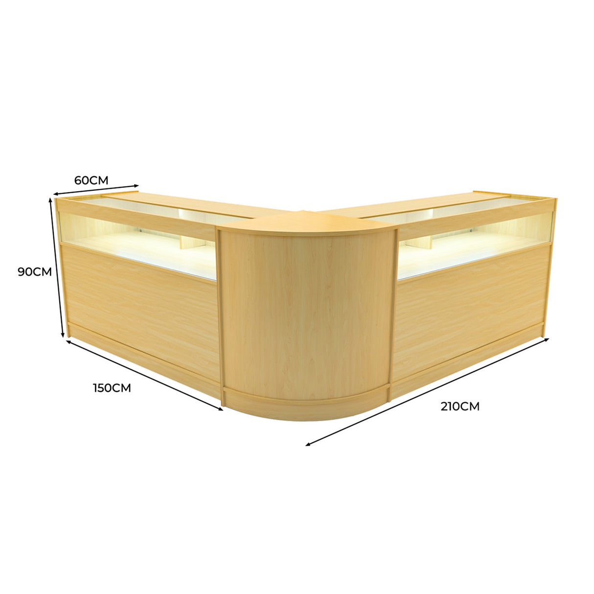 Banconi Iris in legno d'acero chiaro con illuminazione LED, design angolare, misure 150x60x90 cm, superficie liscia e moderna