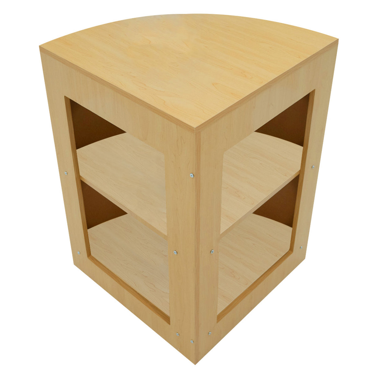 Bancone angolare in legno d'acero con finitura chiara, dotato di ripiani aperti e illuminazione LED integrata per un effetto moderno