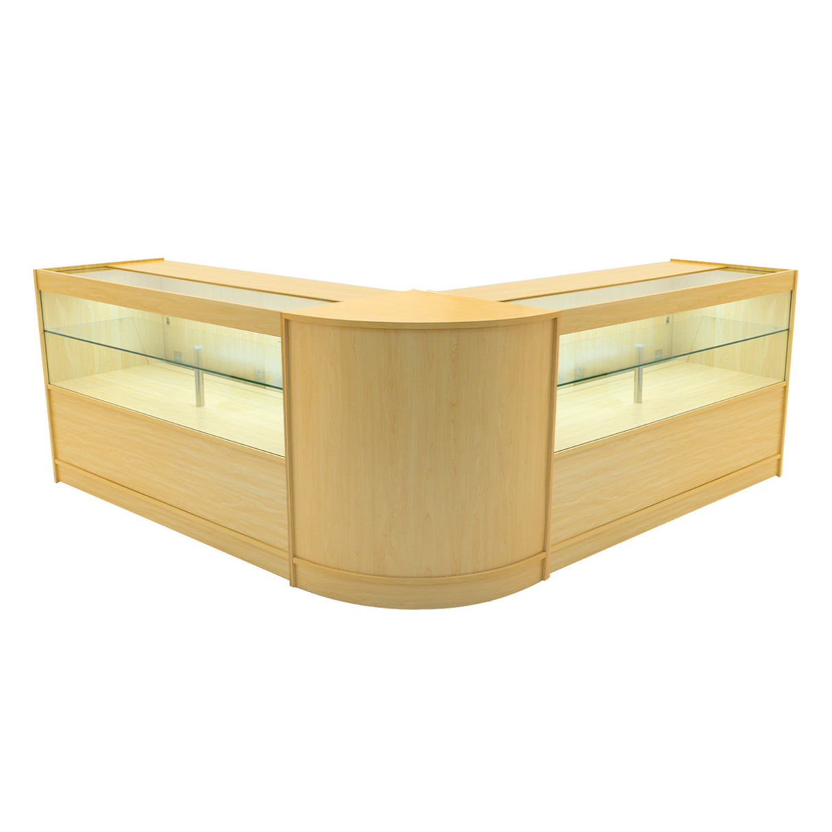 Set banconi angolari in legno d'acero con illuminazione LED, superficie liscia e trasparente, ideale per esposizione di prodotti