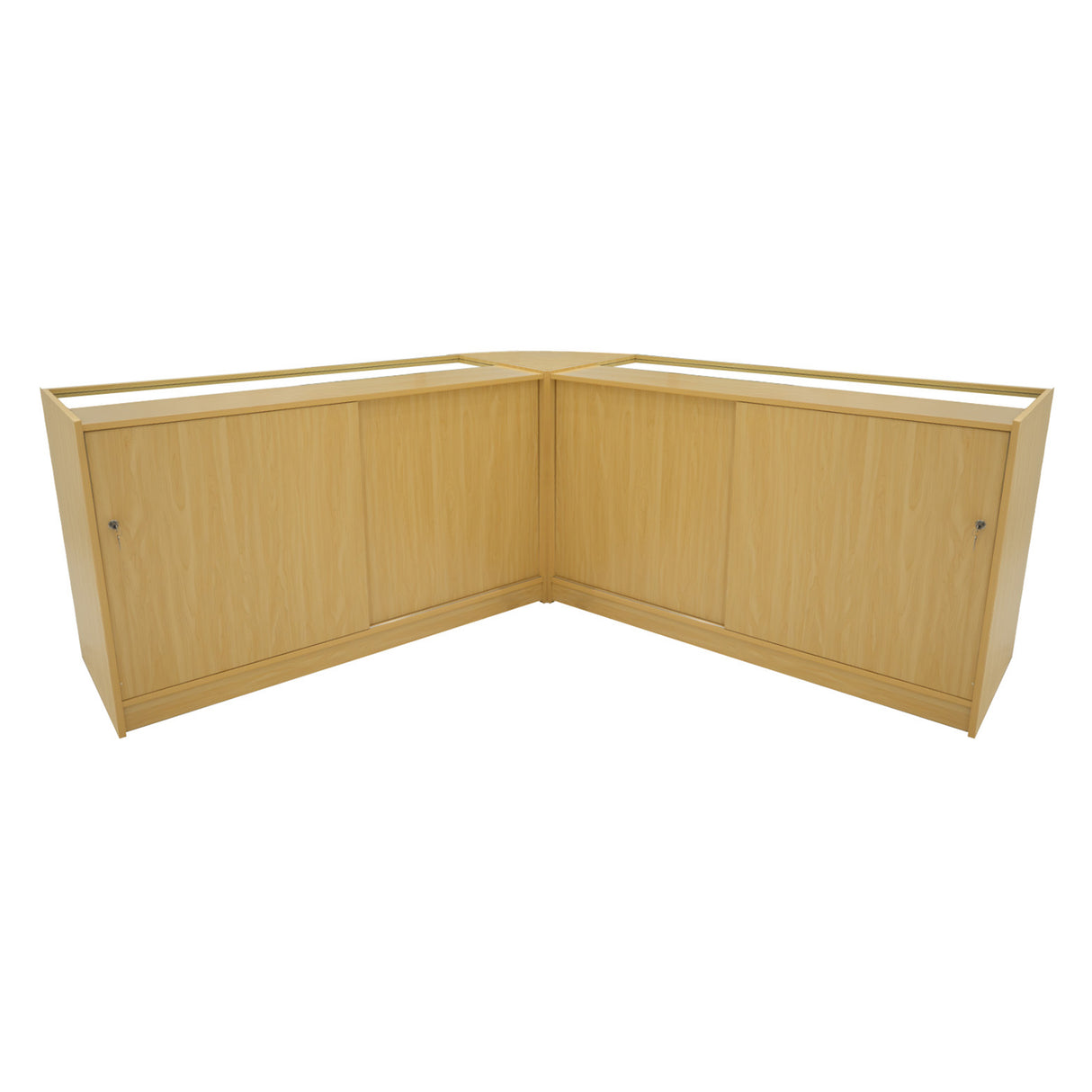 Set banconi angolari Selene in legno d'acero chiaro con illuminazione LED, design moderno e finitura liscia, ideale per spazi commerciali