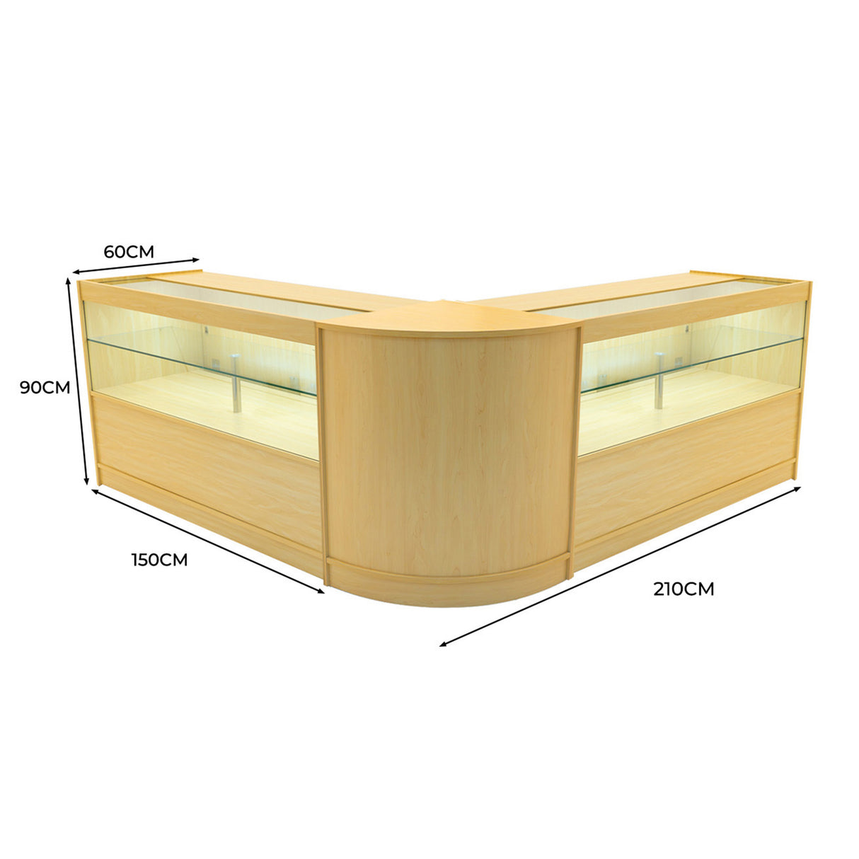 Set banconi angolari Selene in legno d'acero con illuminazione LED, design elegante e moderno, dimensioni 210x150x90 cm