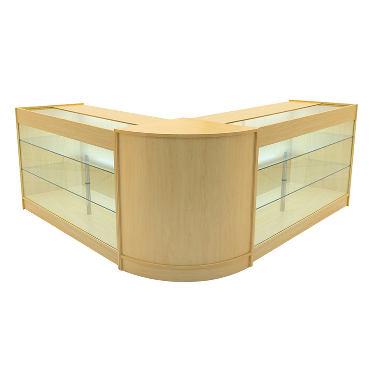 Set banconi angolari Helios in legno d'acero con illuminazione LED, design elegante e trasparente, perfetto per esposizioni moderne