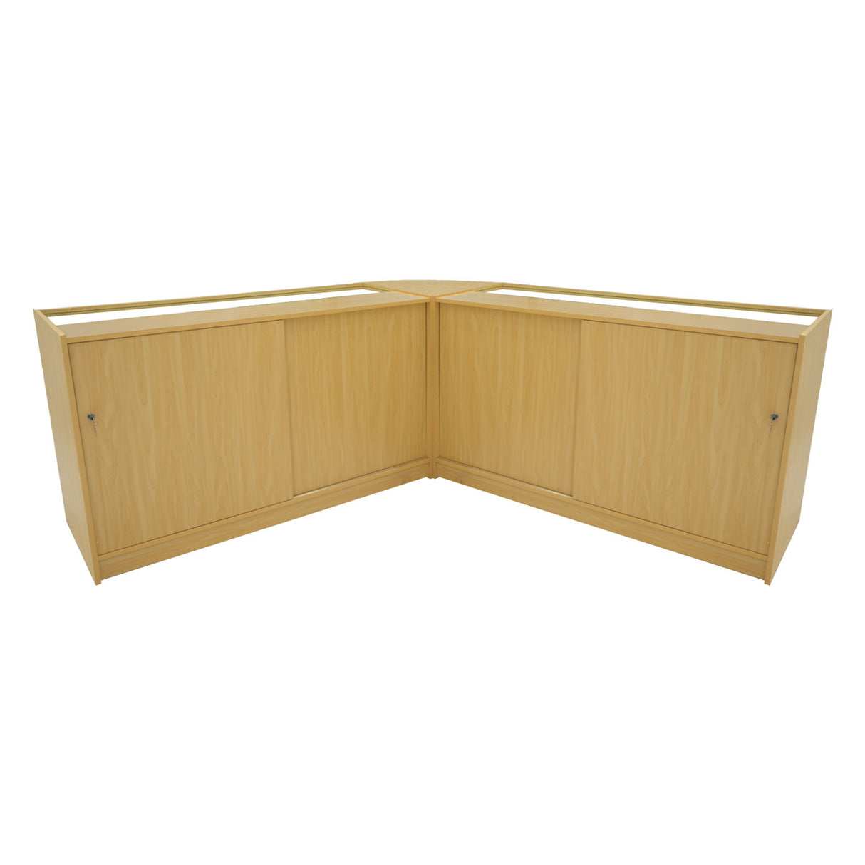 Set di banconi angolari in legno d'acero chiaro, con finitura liscia e illuminazione LED integrata per un'atmosfera moderna