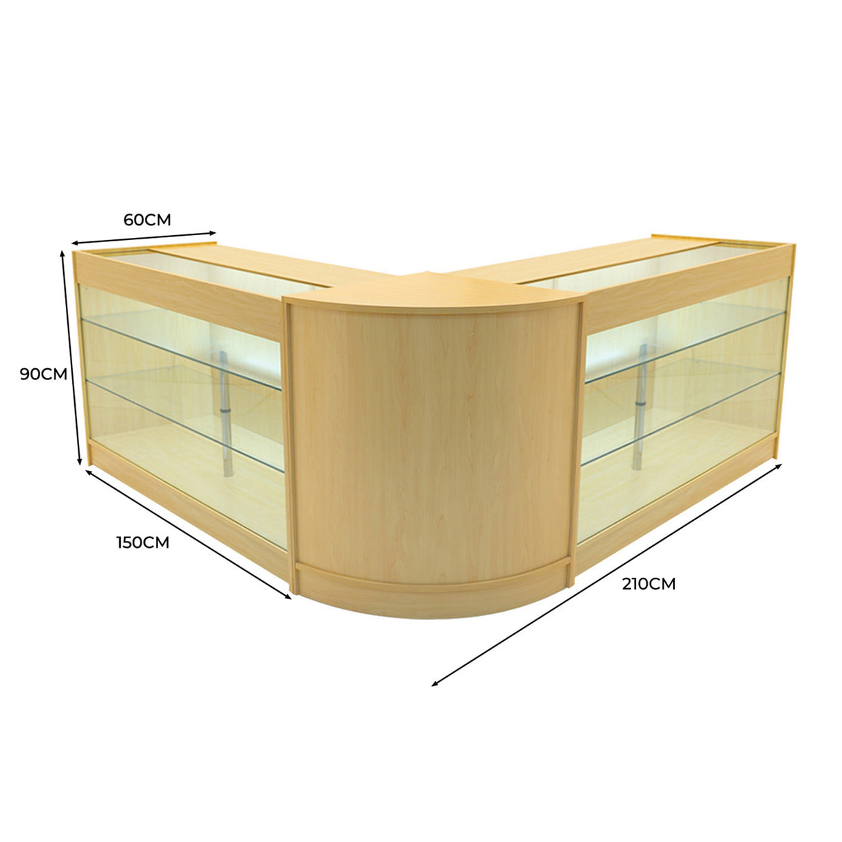 Set banconi angolari Helios in legno d'acero chiaro, con illuminazione LED, misure 150x210x90 cm, design elegante e moderno