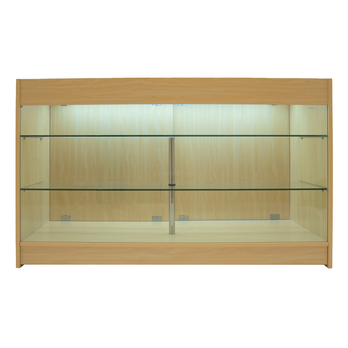 Set banconi Helios in legno d'acero con illuminazione LED, due ripiani in vetro trasparente e struttura elegante e moderna