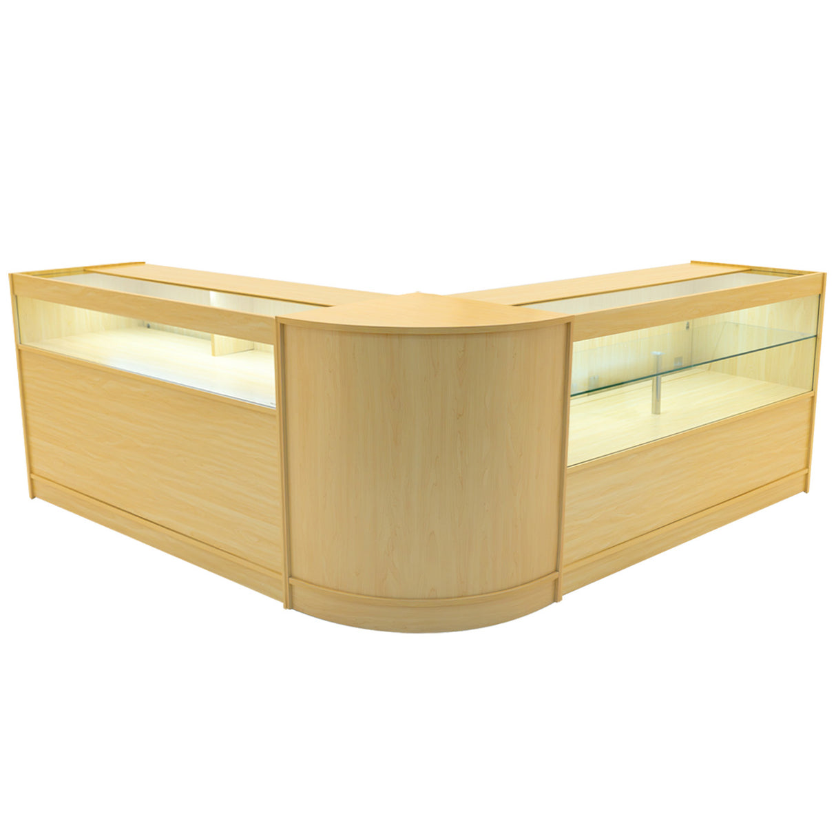 Banconi da negozio Adonis in legno d'acero chiaro, con illuminazione LED e superfici lisce, design elegante e moderno