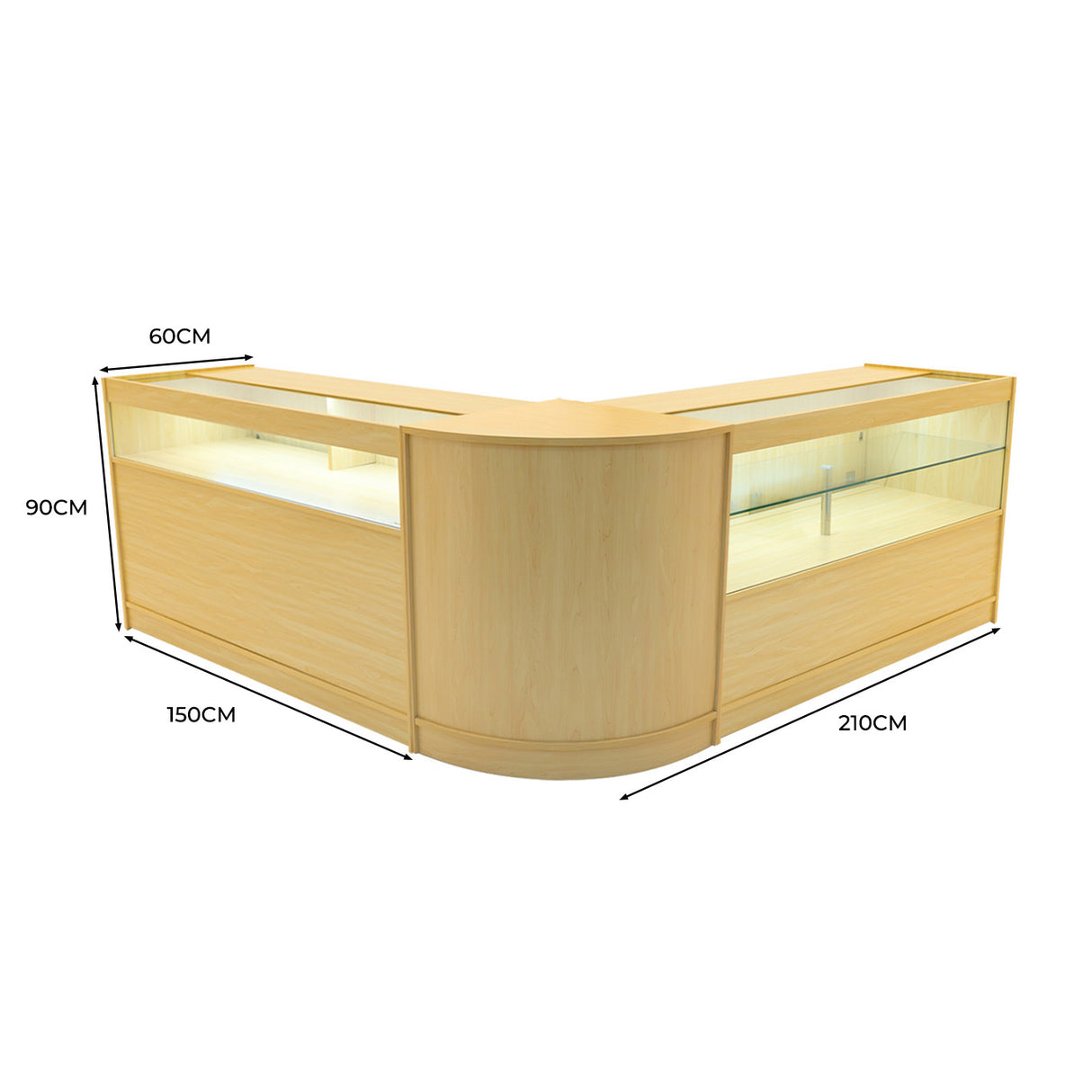 Set banconi da negozio Adonis in legno d'acero chiaro, con illuminazione LED, design curvo e dimensioni di 210x150x90 cm