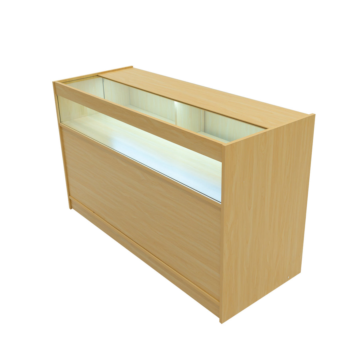 Bancone da negozio in legno d'acero chiaro, dotato di illuminazione LED, con superficie liscia e design moderno e funzionale