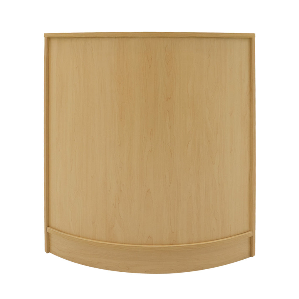 Bancone da negozio Adonis in legno d'acero chiaro, con finitura liscia e forma curva, ideale per esposizione e vendita