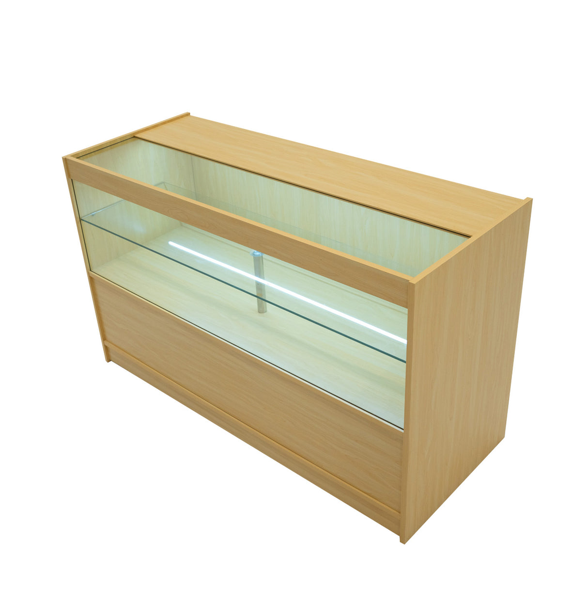 Bancone da negozio Adonis in legno d'acero chiaro, con ripiano in vetro e illuminazione LED, design moderno e funzionale