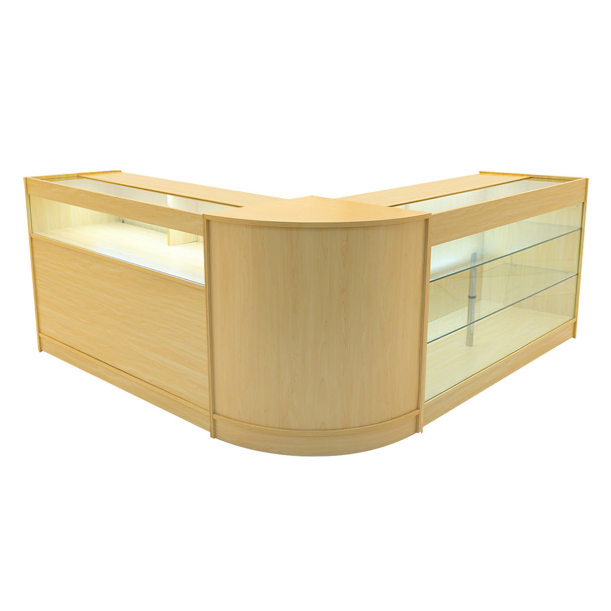 Bancone negozio in legno d'acero, design angolare, con ripiani in vetro e illuminazione LED, elegante e funzionale per esposizione prodotti