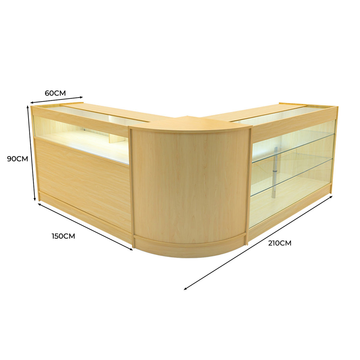 Bancone negozio angolare in legno d'acero, con illuminazione LED, dimensioni 210x150x90 cm e ripiani in vetro trasparente