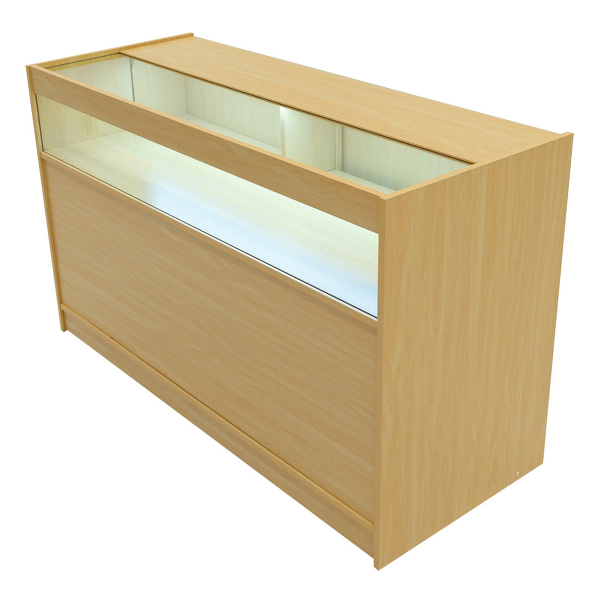 Bancone negozio in legno d'acero con illuminazione LED, superficie liscia e design moderno, ideale per esposizione prodotti