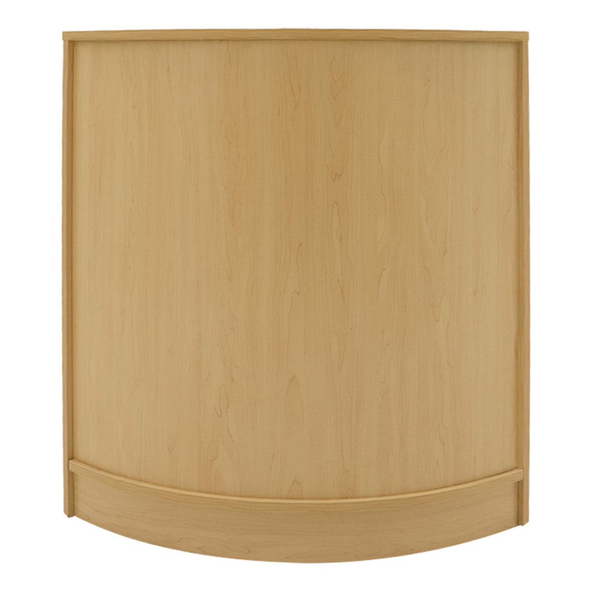 Bancone negozio curvo in legno d'acero chiaro, superficie liscia e finitura elegante, ideale per esposizione e vendita di prodotti