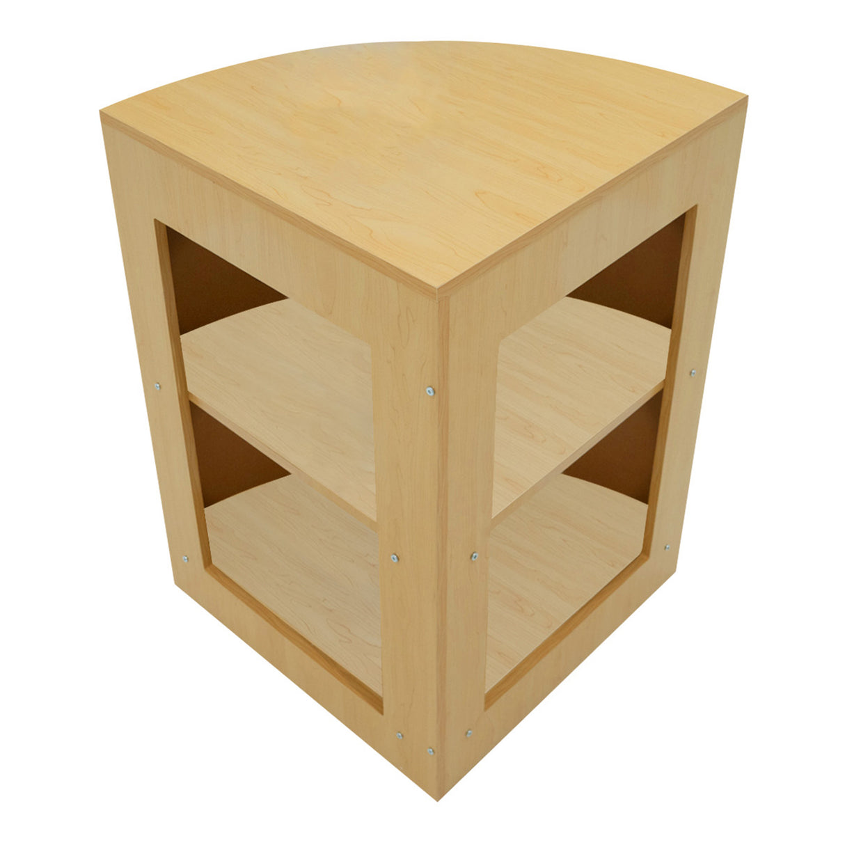 Bancone negozio angolare in legno d'acero, con ripiani aperti e finitura liscia, ideale per esposizione e vendita di prodotti