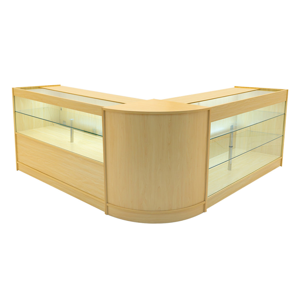 Set bancone Hera LED in legno d'acero chiaro, con ripiani in vetro e illuminazione integrata, design elegante e moderno