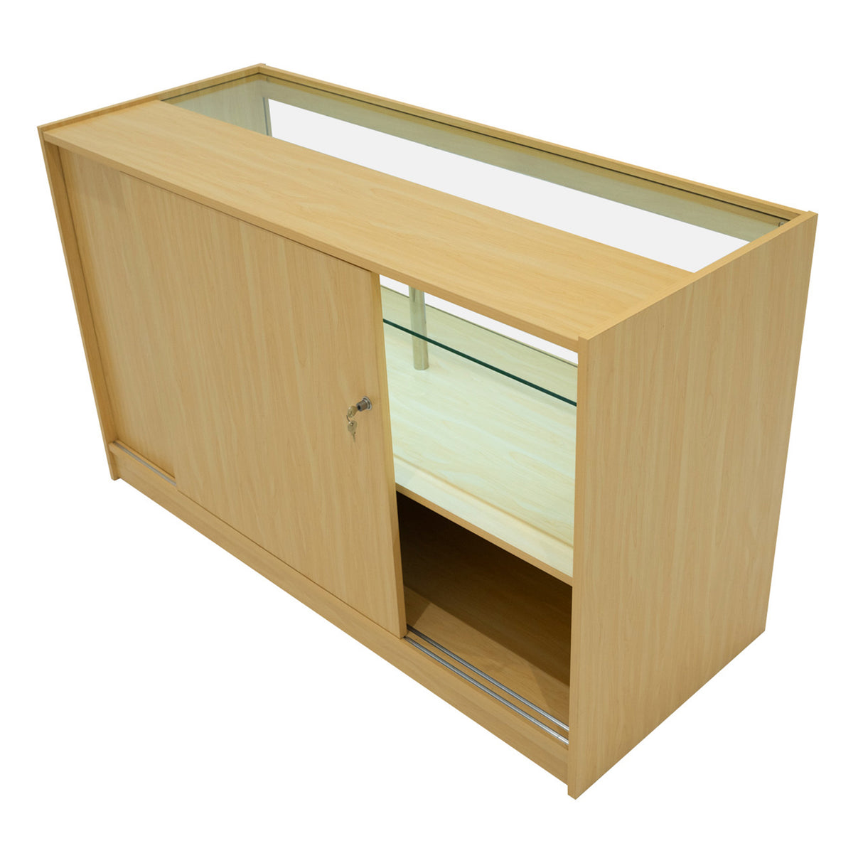 Set bancone Hera LED in legno d'acero chiaro, con ante scorrevoli e ripiani in vetro, design moderno e funzionale per esposizione