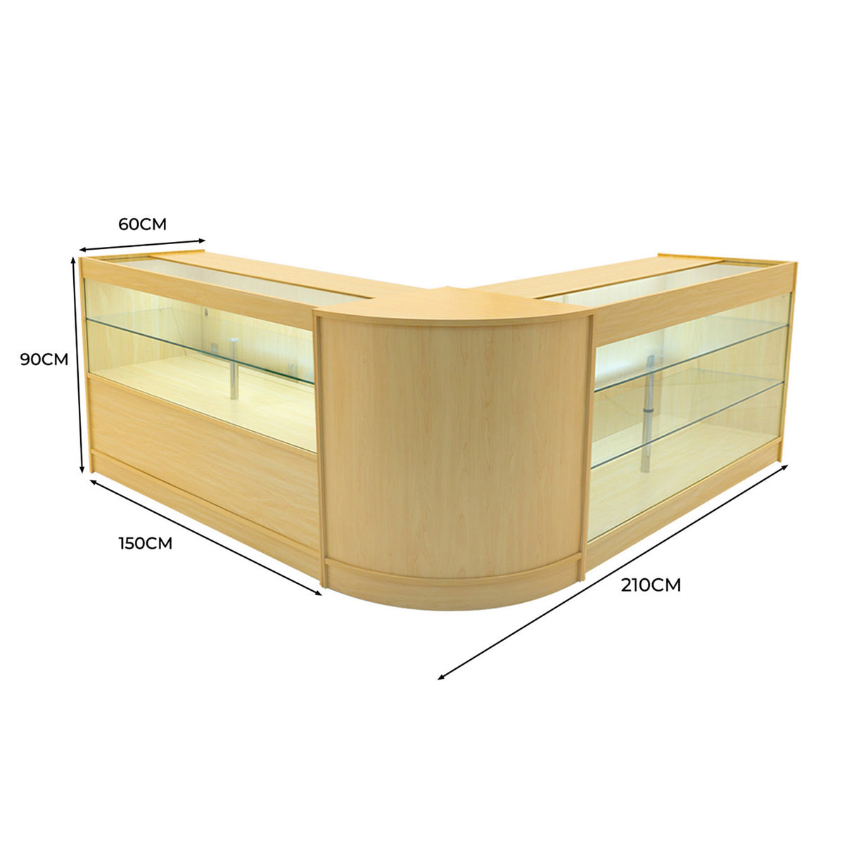 Set bancone Hera LED in legno d'acero chiaro, con ripiani in vetro, angolare, dimensioni 210x150x90 cm, elegante e moderno