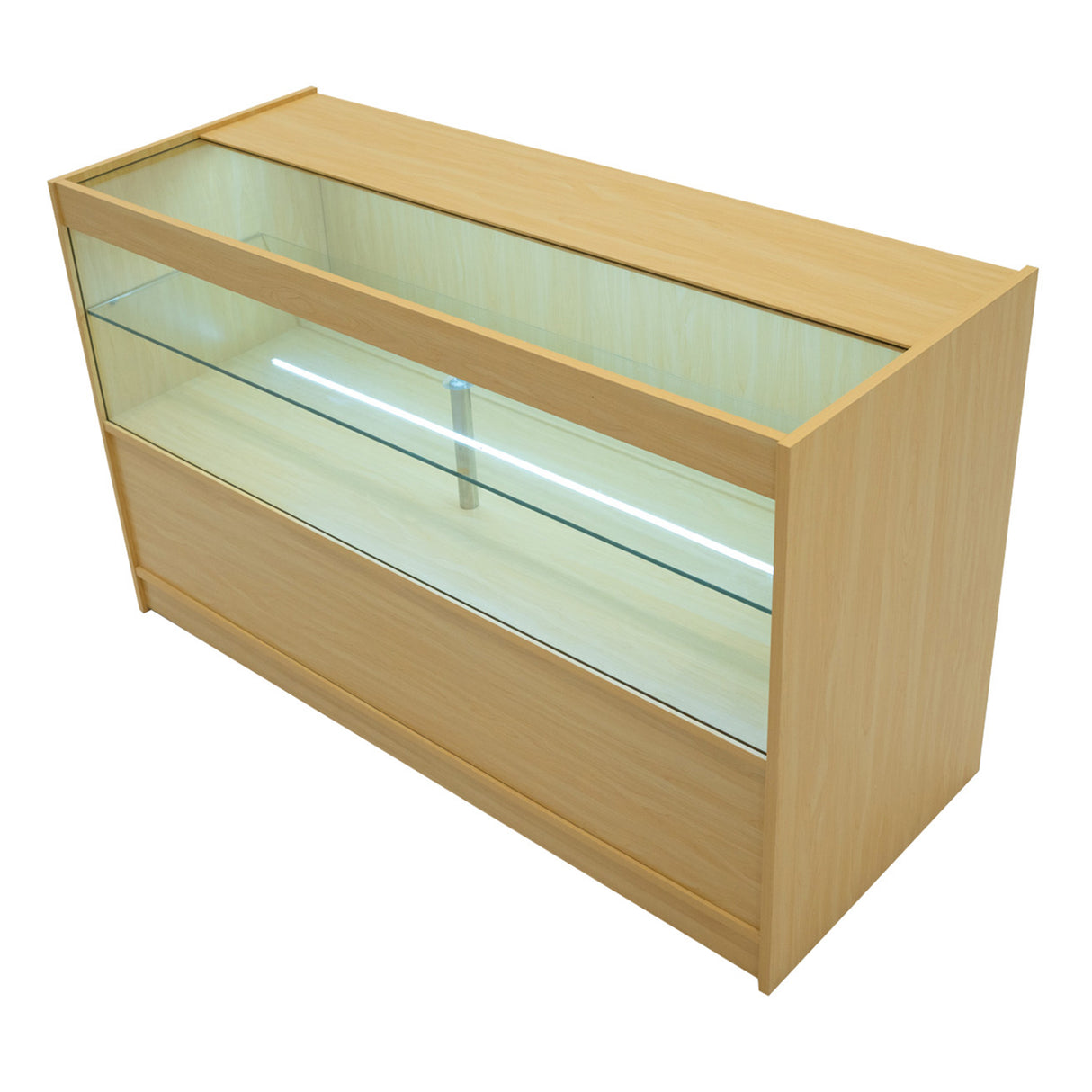 Bancone Hera LED in legno d'acero chiaro, con ripiani in vetro e illuminazione LED, design moderno e funzionale per esposizione prodotti