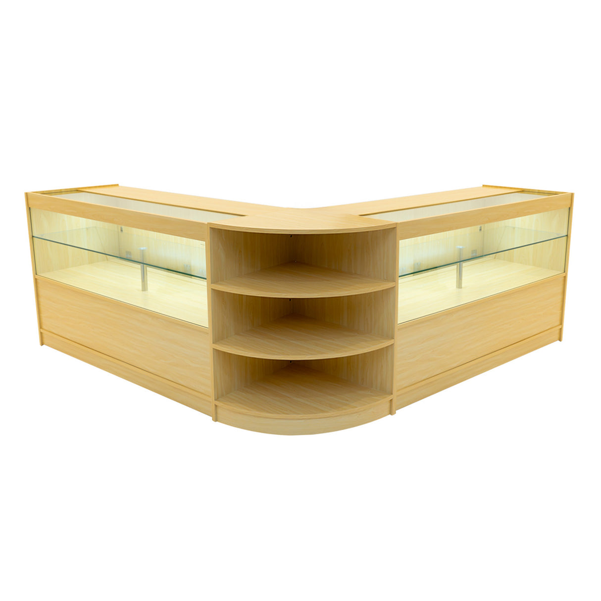 Set banconi da negozio Andromeda in acero chiaro, con illuminazione LED, angolare, dotato di ripiani e vetrine trasparenti per esposizione