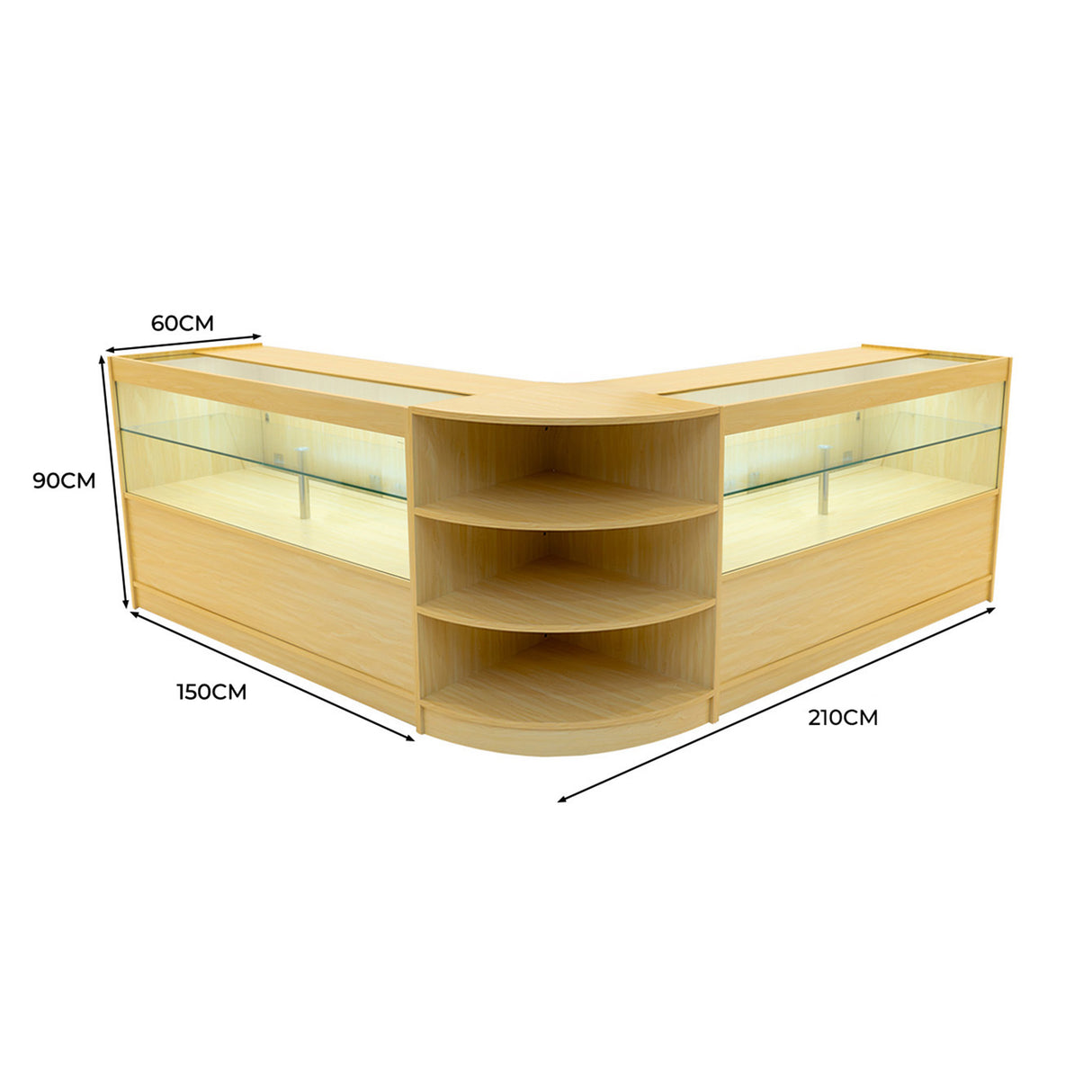 Set banconi da negozio Andromeda in legno d'acero, con illuminazione LED, angolare, con ripiani e vetro trasparente, misure 150x210x90 cm