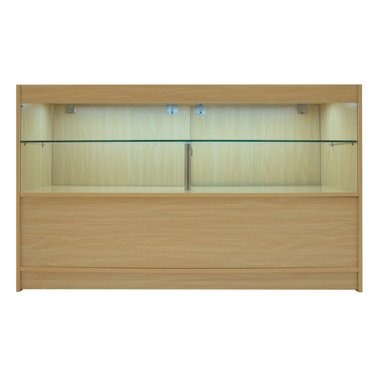 Bancone da negozio Andromeda in legno d'acero, con illuminazione LED, superficie liscia e ripiani in vetro trasparente